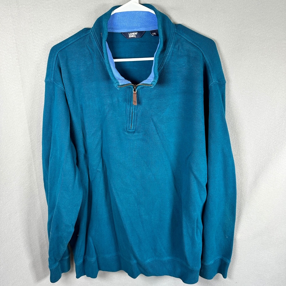Lands End Pullover Mens XXL Teal Blue Quarter Zip Cotton Preppy EUC